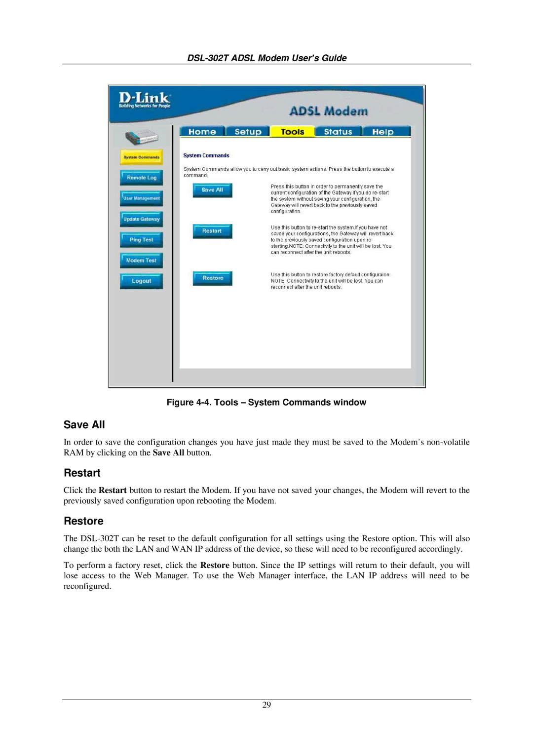 D-Link DSL-302T user manual Save All, Restart, Restore 