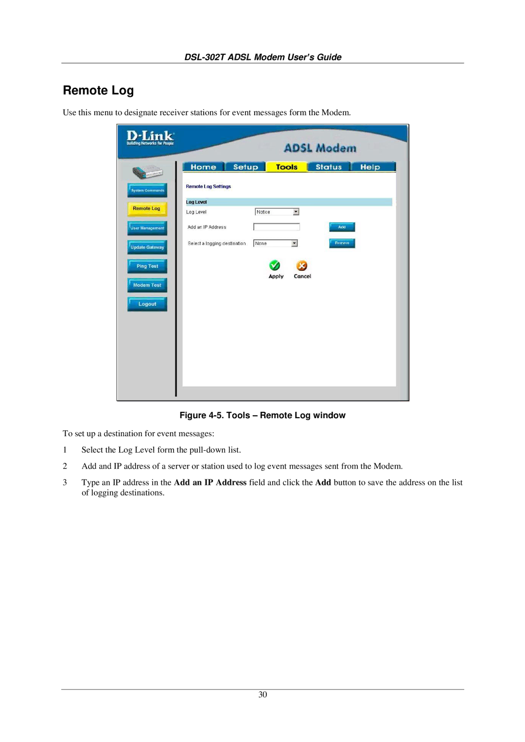 D-Link DSL-302T user manual Tools Remote Log window 