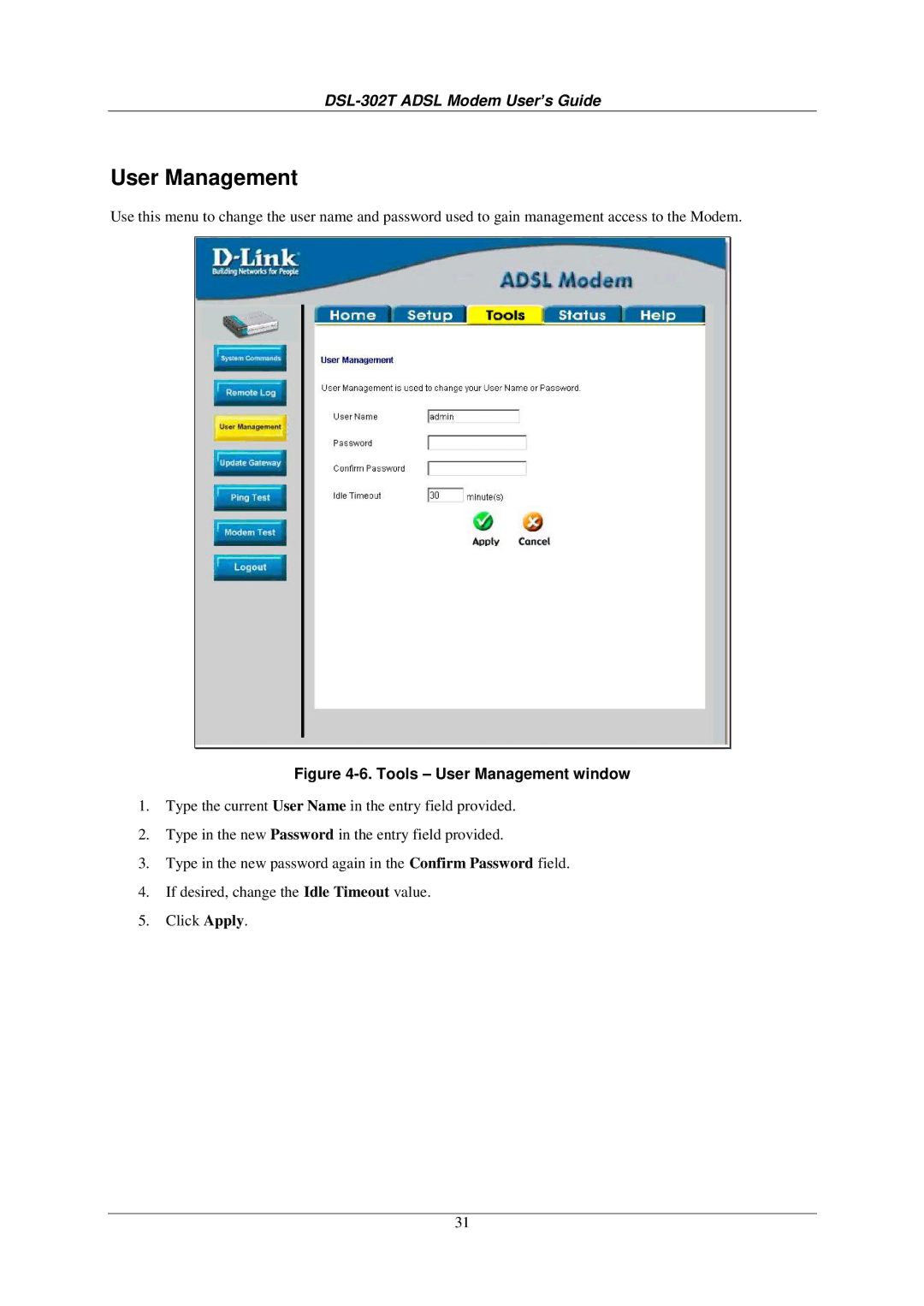 D-Link DSL-302T user manual Tools User Management window 