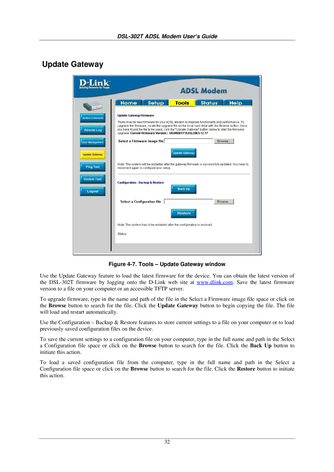 D-Link DSL-302T user manual Tools Update Gateway window 