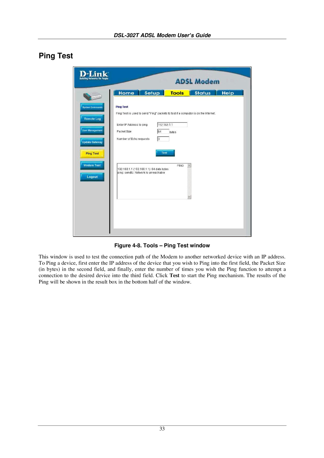 D-Link DSL-302T user manual Tools Ping Test window 