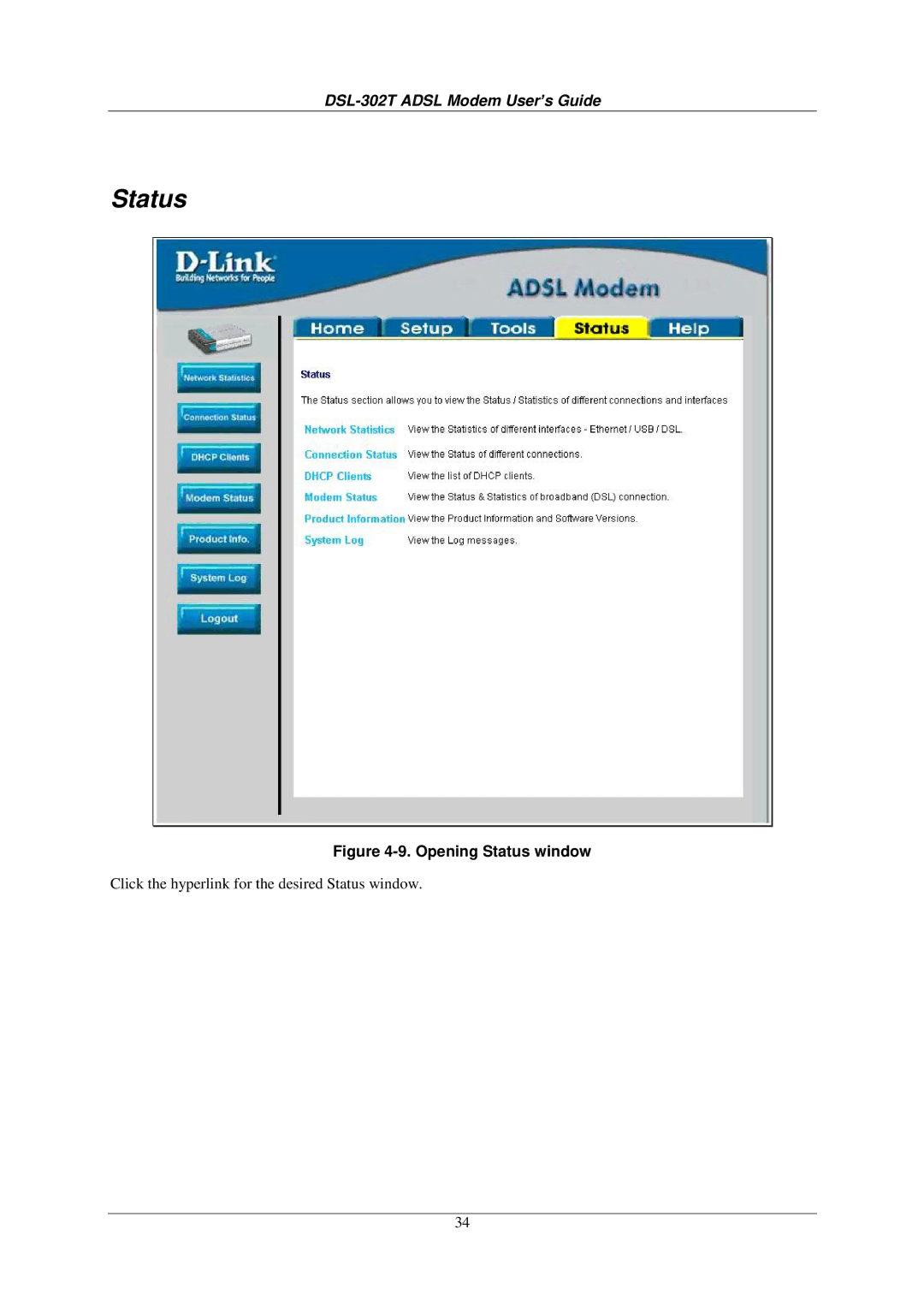 D-Link DSL-302T user manual Status 