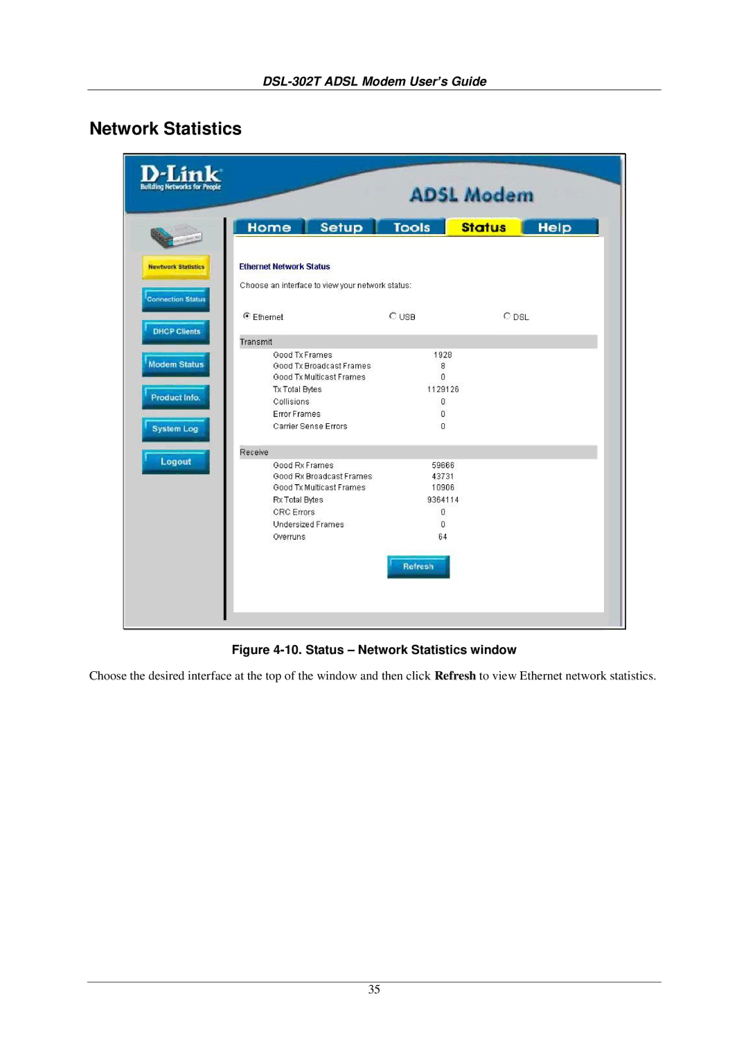 D-Link DSL-302T user manual Status Network Statistics window 