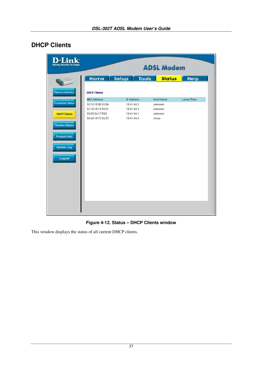 D-Link DSL-302T user manual Status Dhcp Clients window 