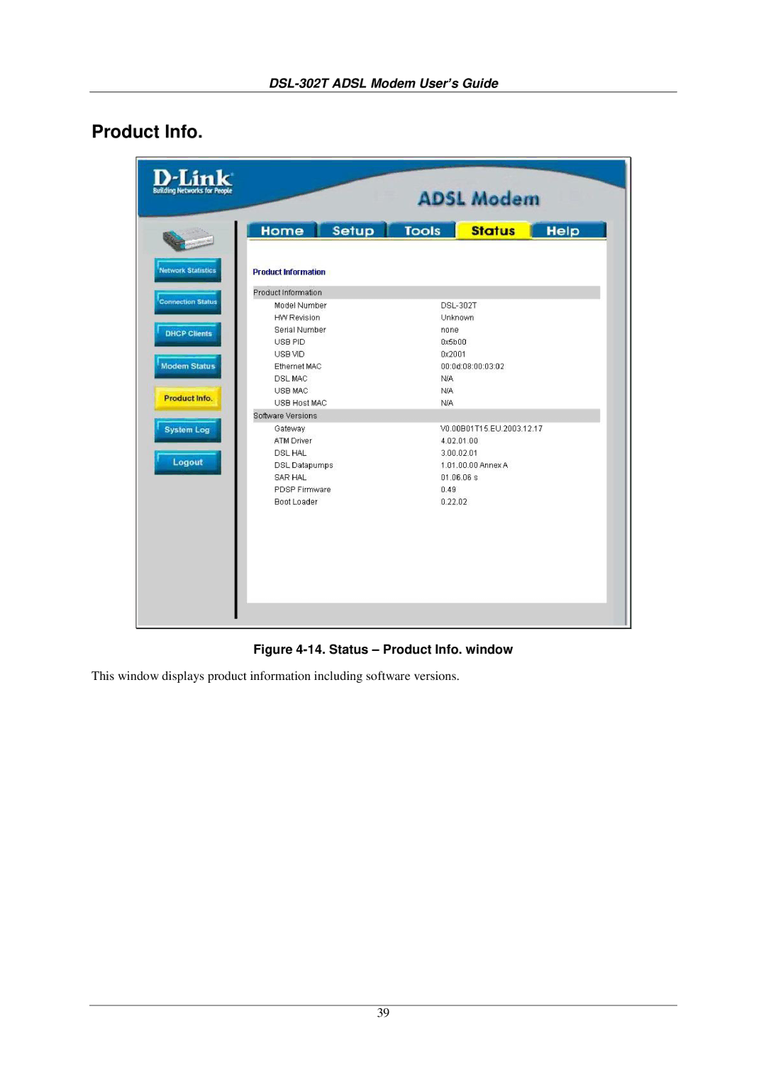 D-Link DSL-302T user manual Status Product Info. window 