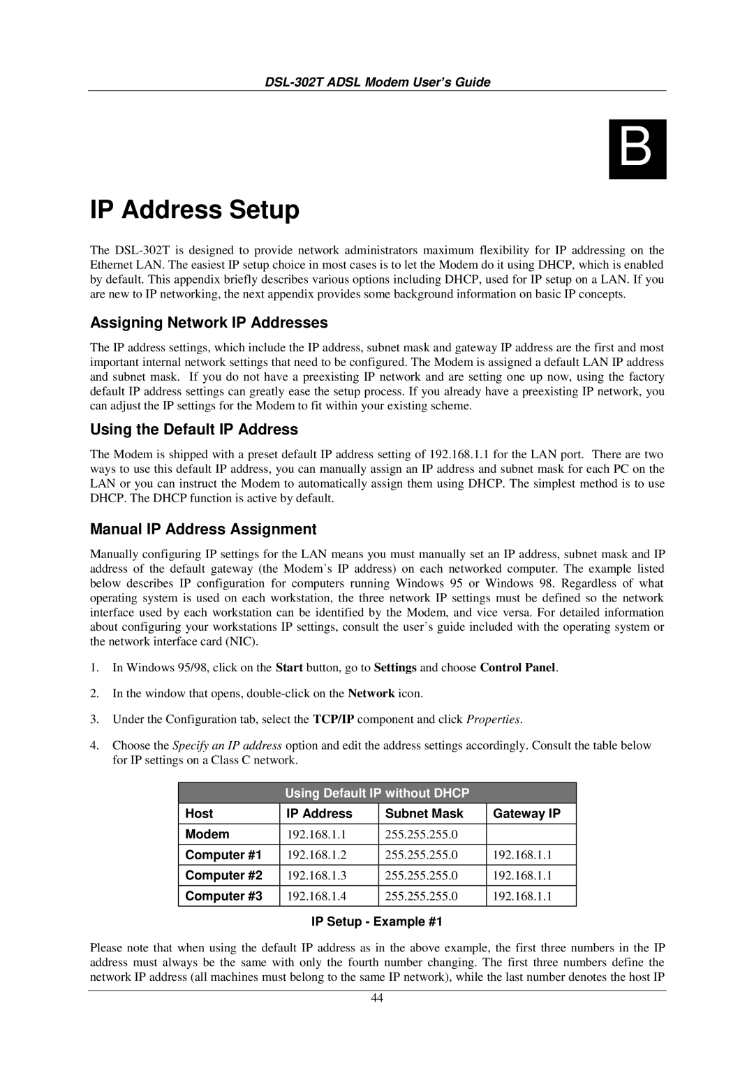 D-Link DSL-302T user manual IP Address Setup, Assigning Network IP Addresses, Using the Default IP Address 