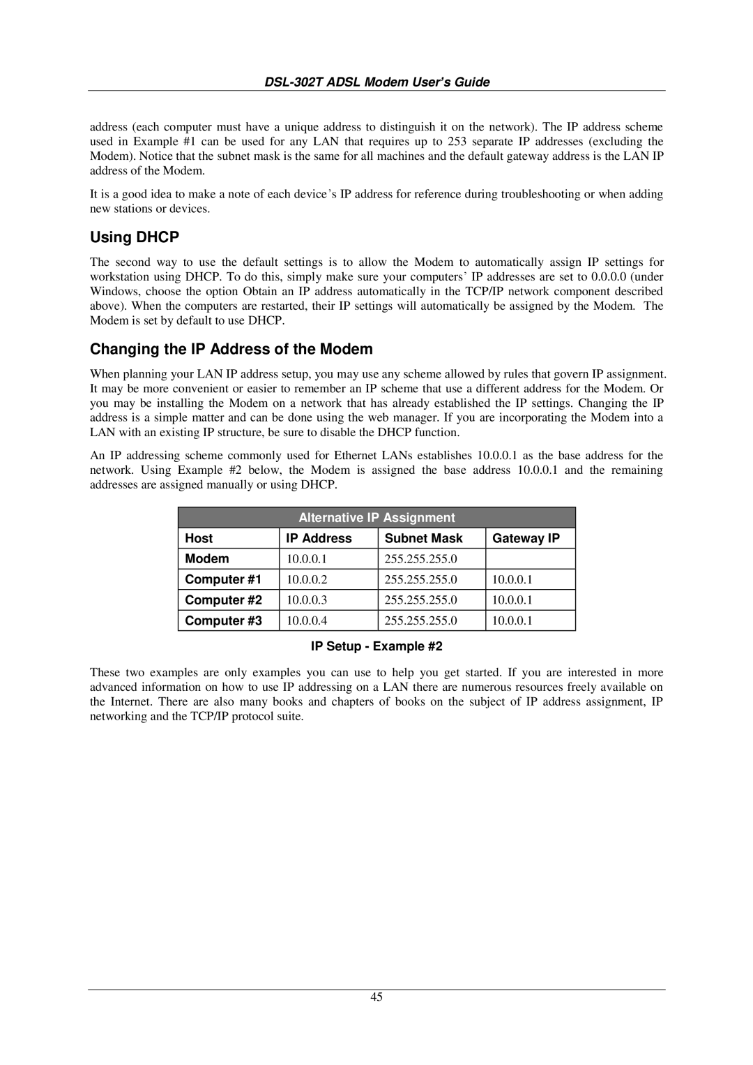 D-Link DSL-302T user manual Using Dhcp, Changing the IP Address of the Modem, IP Setup Example #2 