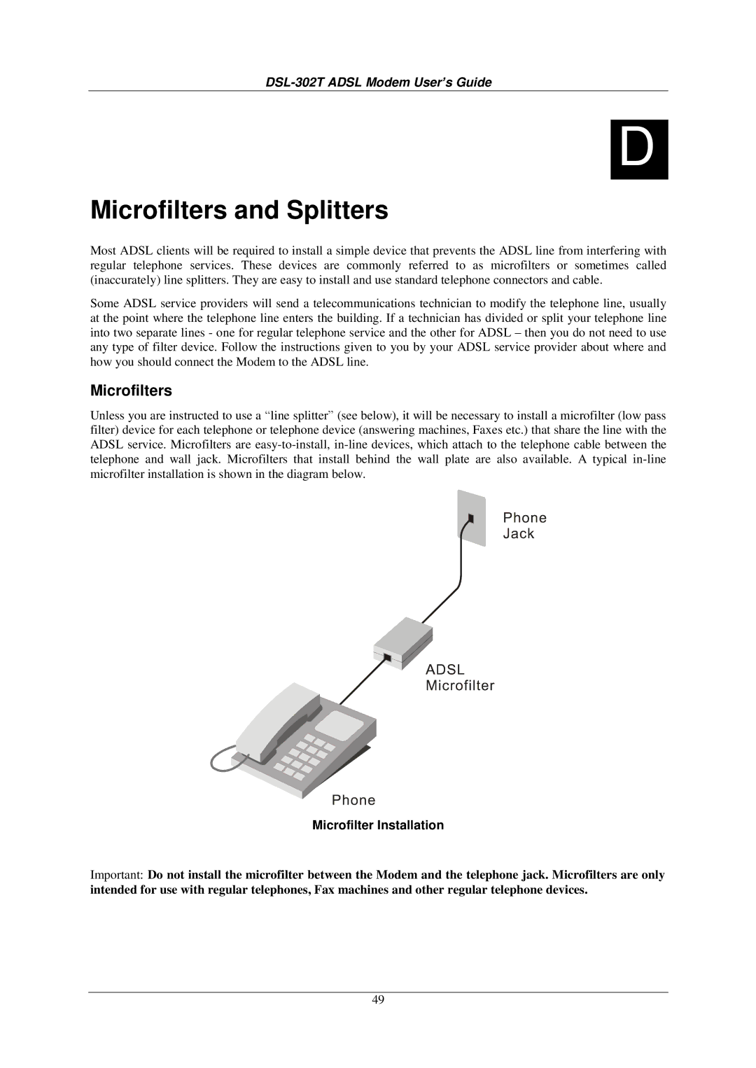 D-Link DSL-302T user manual Microfilters and Splitters, Microfilter Installation 