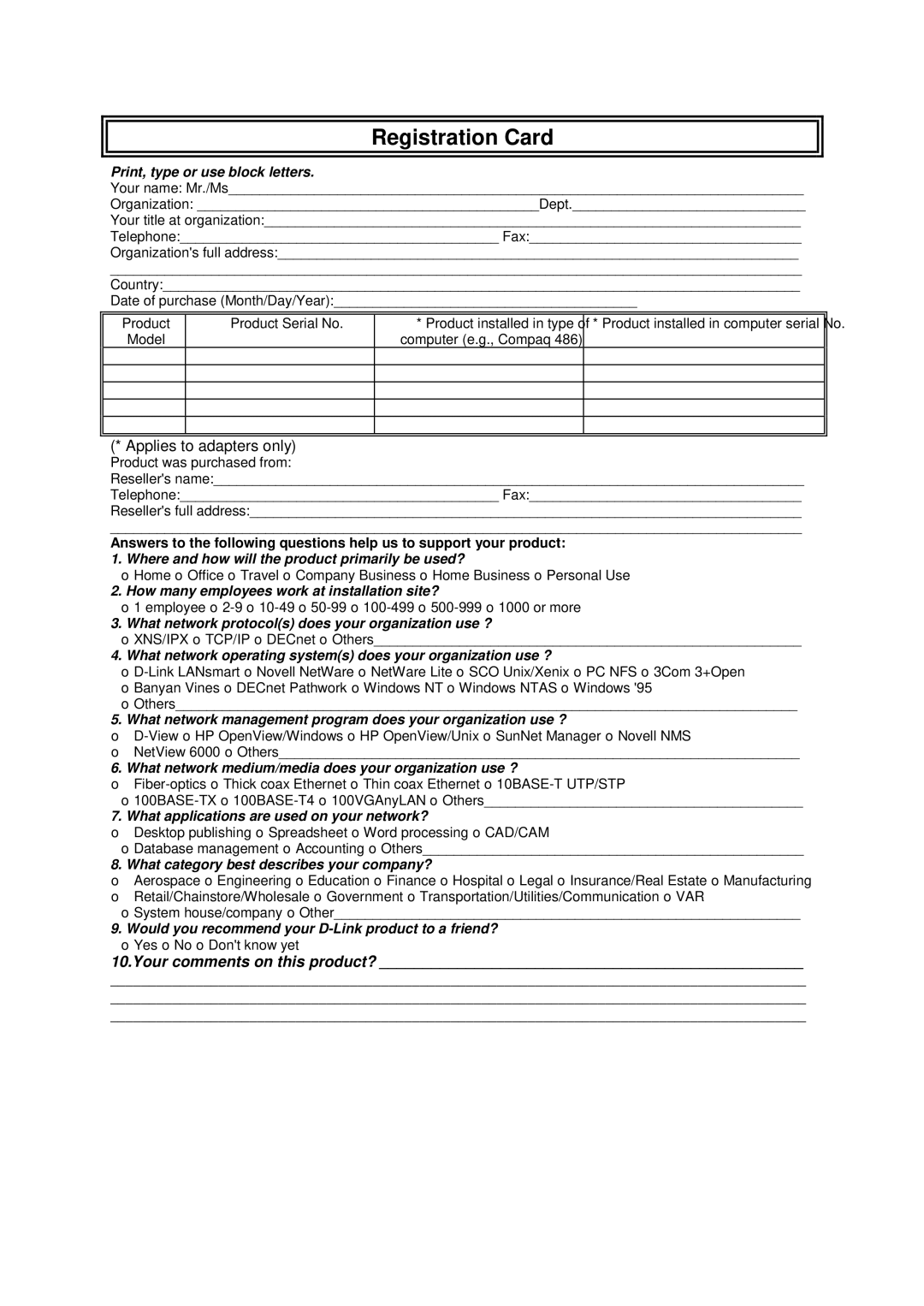 D-Link DSL-302T user manual Registration Card, Print, type or use block letters 