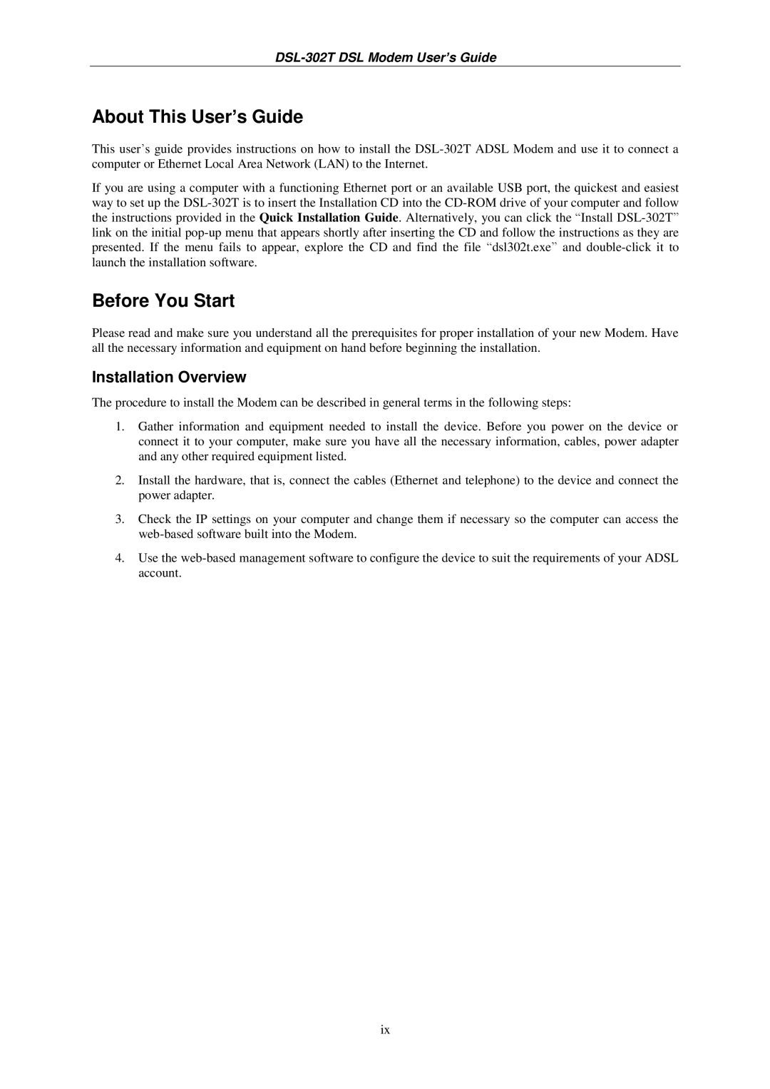 D-Link DSL-302T user manual About This User’s Guide, Before You Start, Installation Overview 