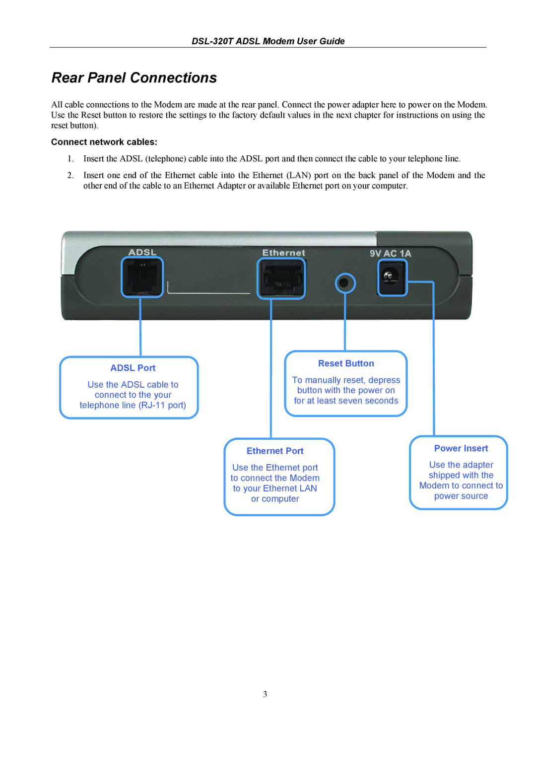 D-Link DSL-320T manual Rear Panel Connections, Connect network cables 