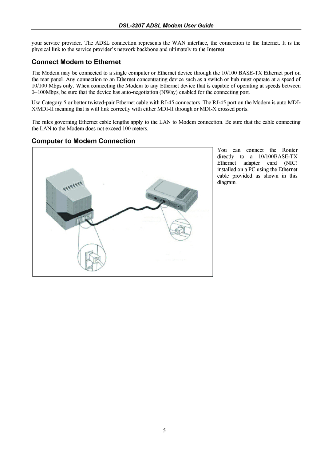 D-Link DSL-320T manual Connect Modem to Ethernet, Computer to Modem Connection 