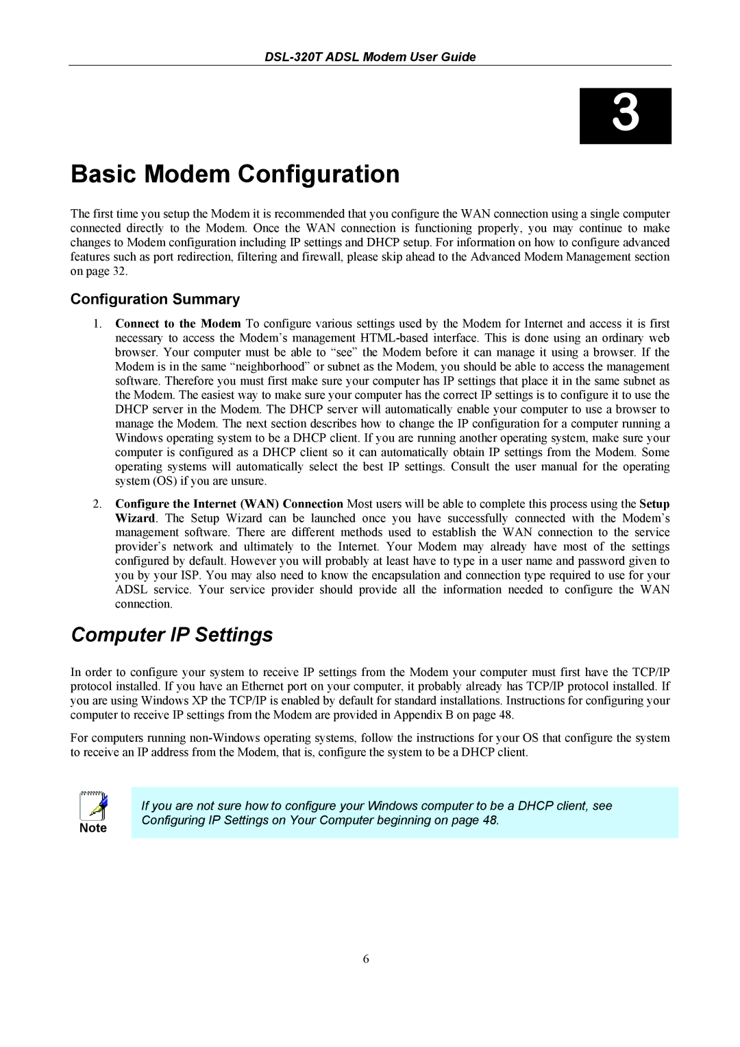 D-Link DSL-320T manual Basic Modem Configuration, Computer IP Settings, Configuration Summary 