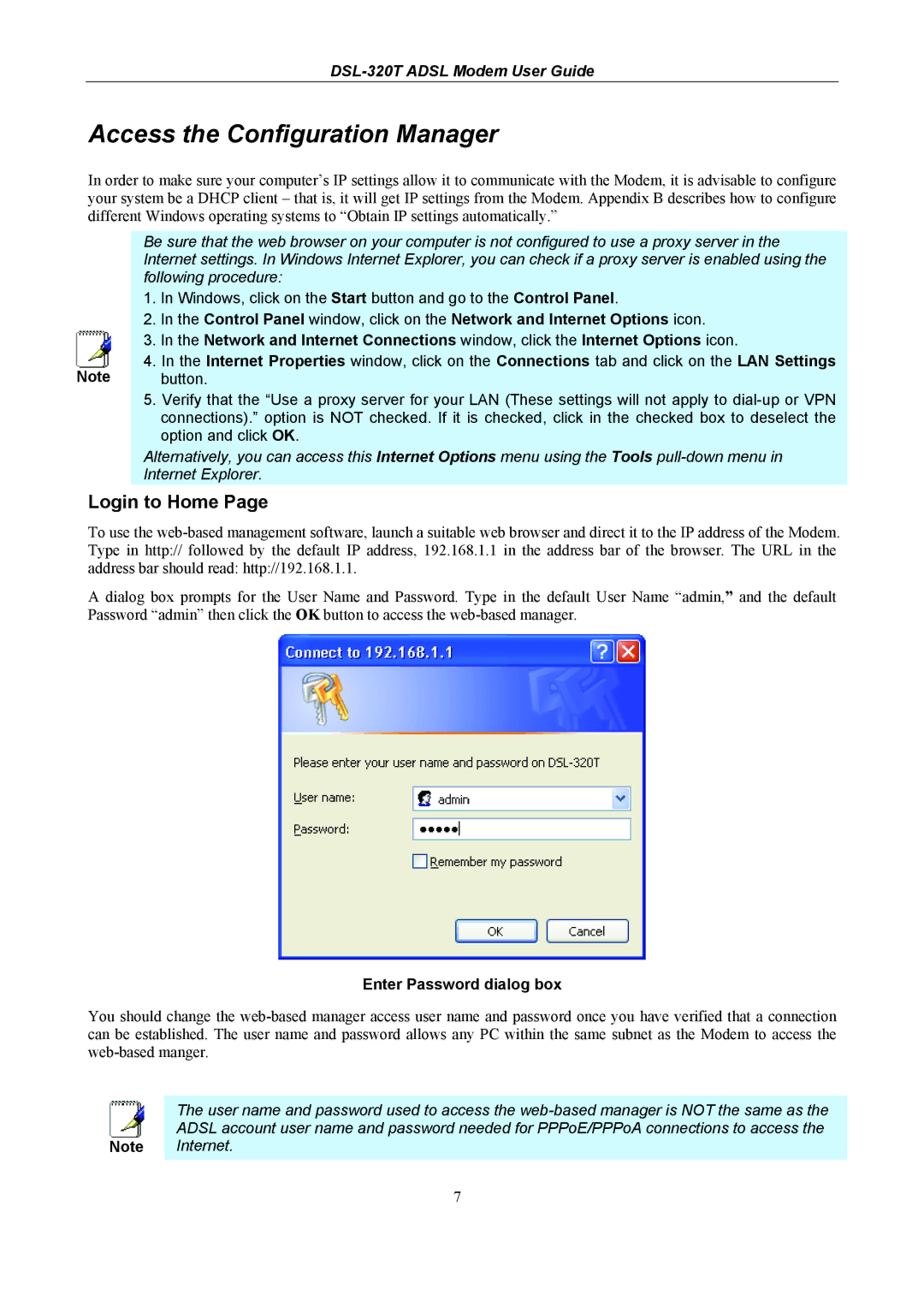 D-Link DSL-320T manual Access the Configuration Manager, Login to Home, Enter Password dialog box 