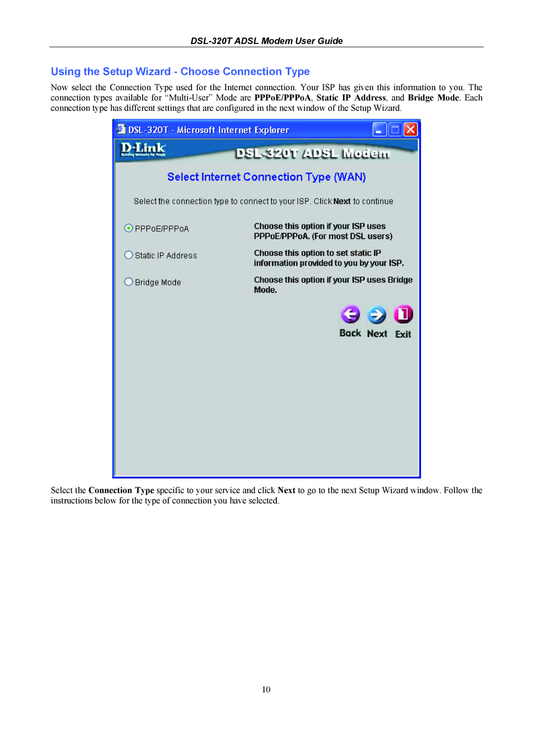 D-Link DSL-320T manual Using the Setup Wizard Choose Connection Type 