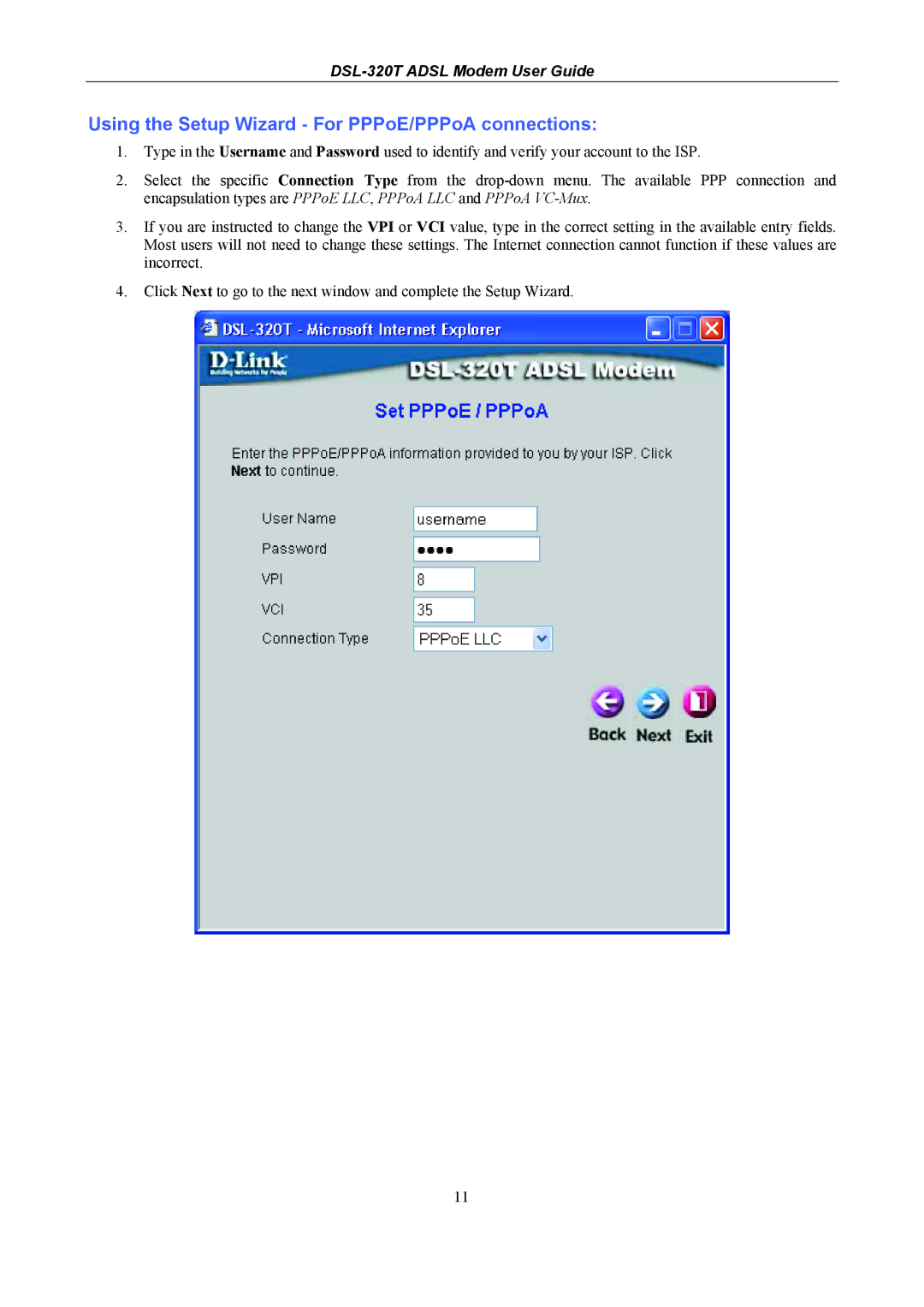 D-Link DSL-320T manual Using the Setup Wizard For PPPoE/PPPoA connections 