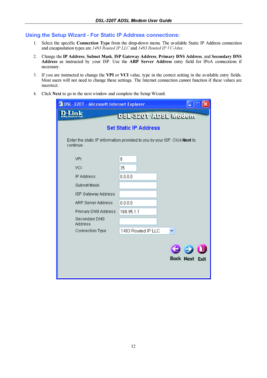 D-Link DSL-320T manual Using the Setup Wizard For Static IP Address connections 