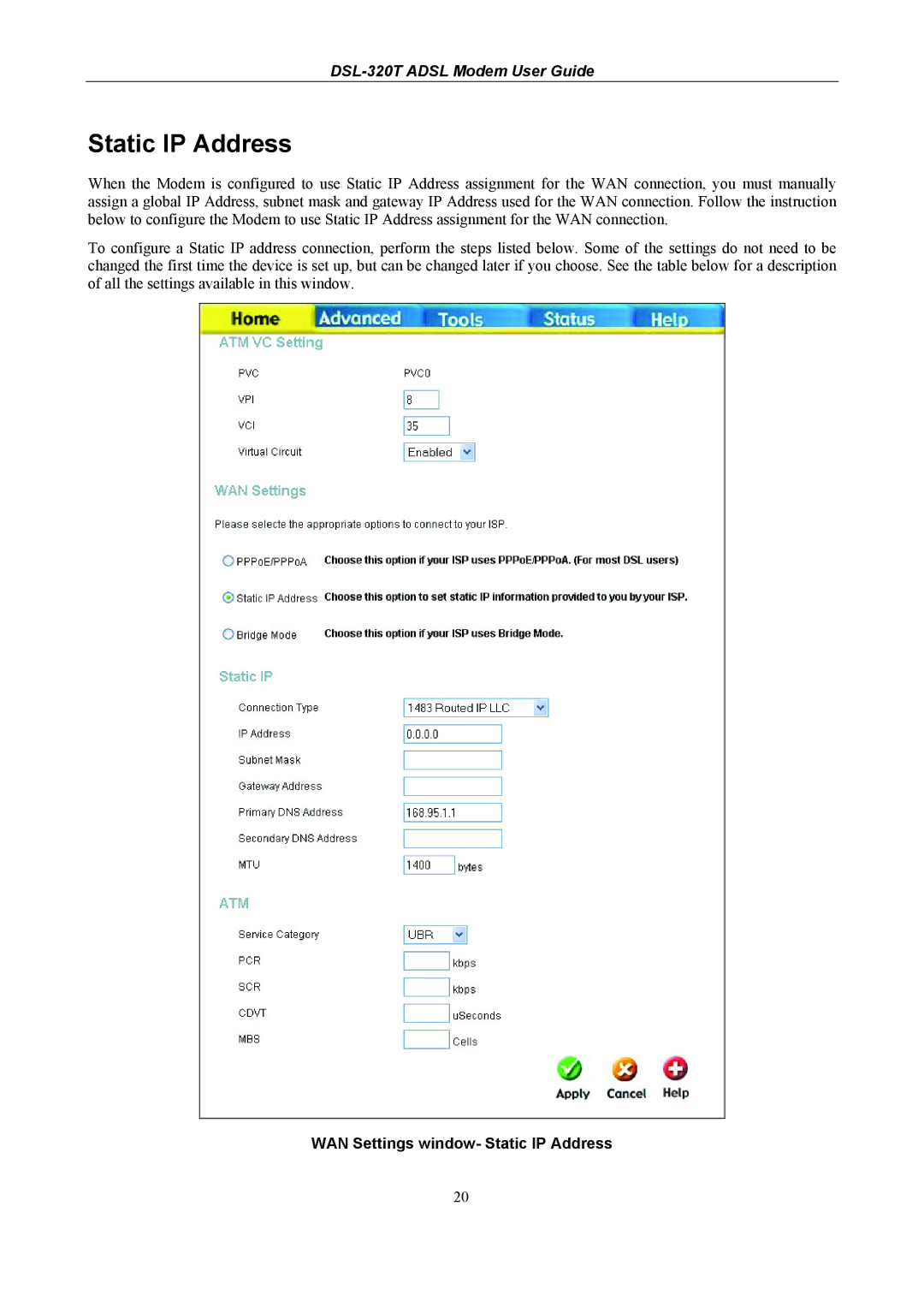 D-Link DSL-320T manual WAN Settings window- Static IP Address 