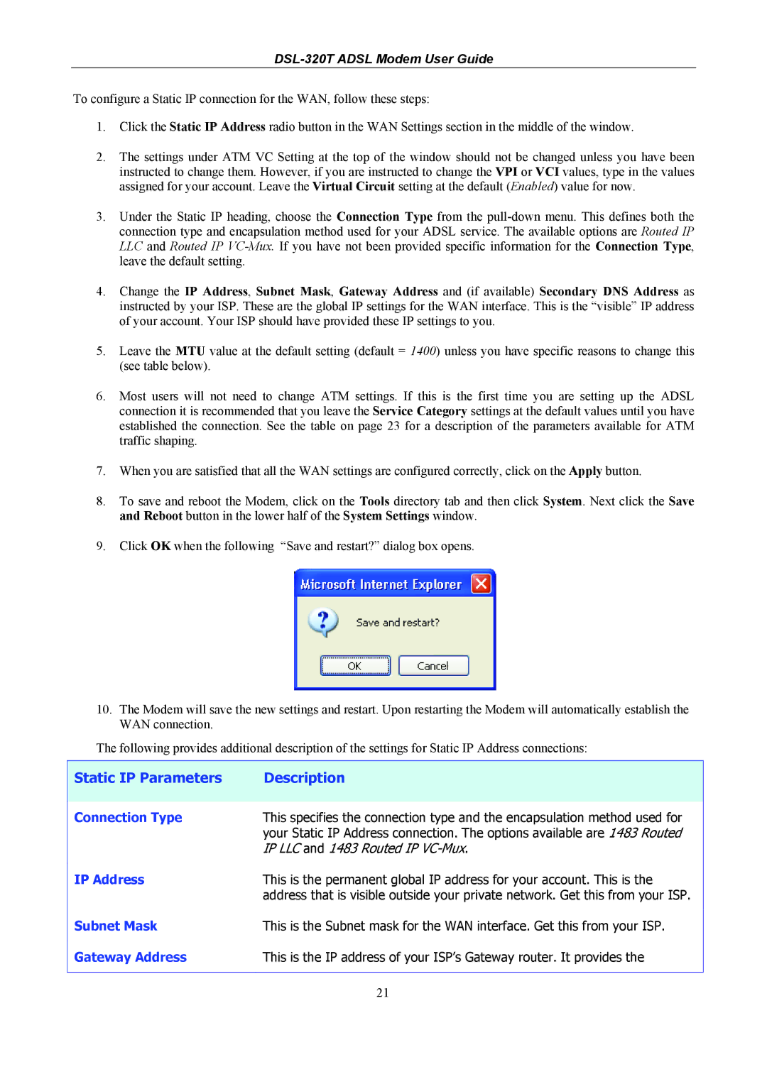 D-Link DSL-320T manual Static IP Parameters Description 