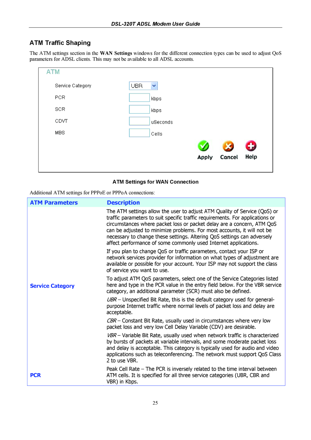 D-Link DSL-320T manual ATM Traffic Shaping, ATM Settings for WAN Connection 