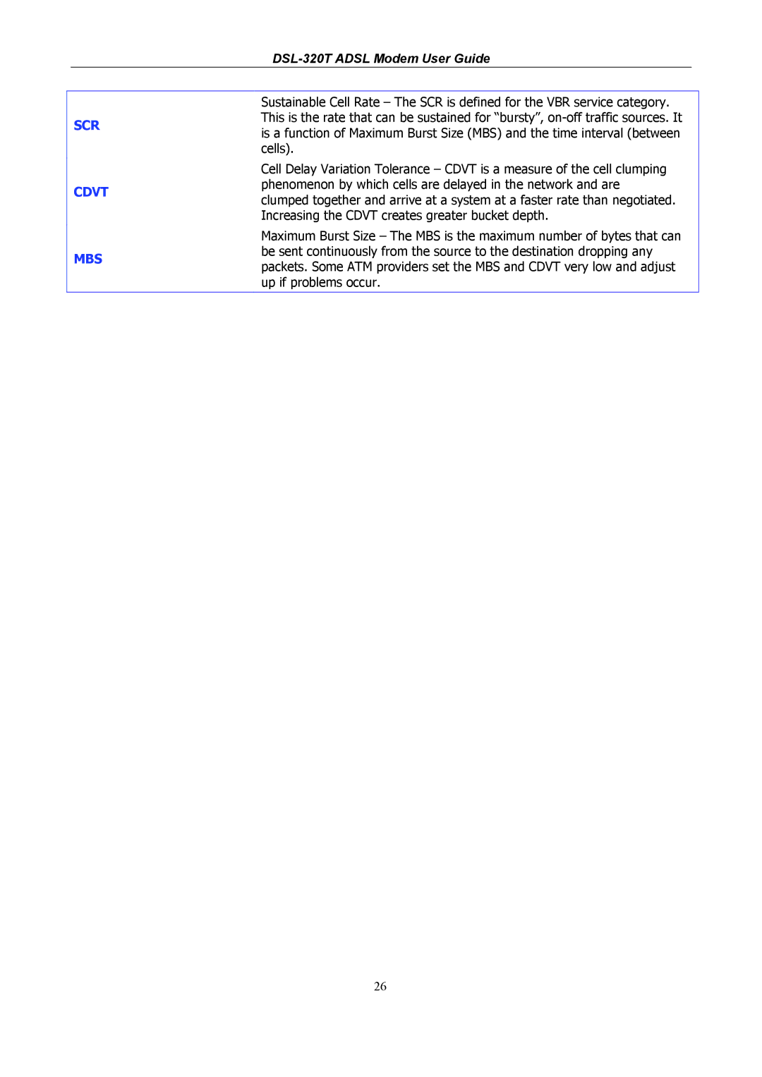 D-Link DSL-320T manual SCR Cdvt MBS 