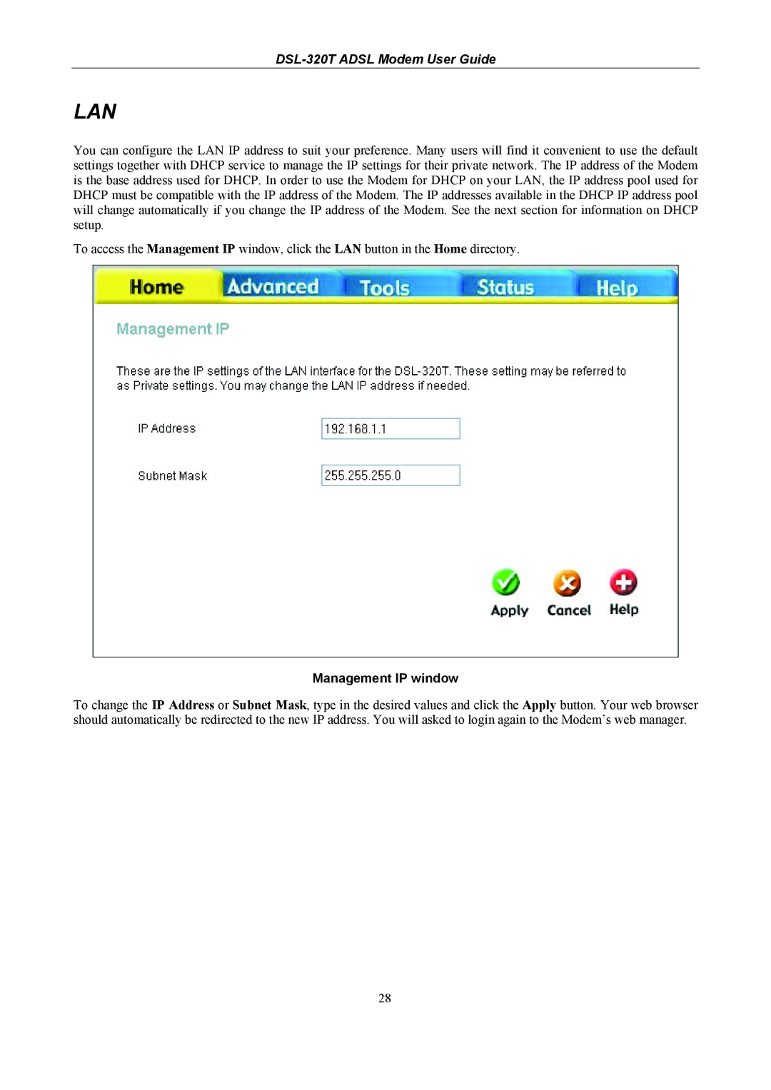 D-Link DSL-320T manual Lan, Management IP window 