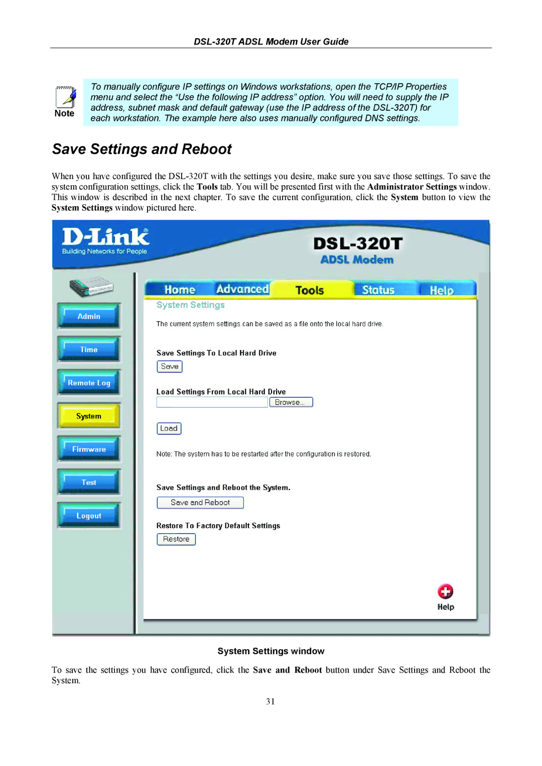 D-Link DSL-320T manual Save Settings and Reboot, System Settings window 