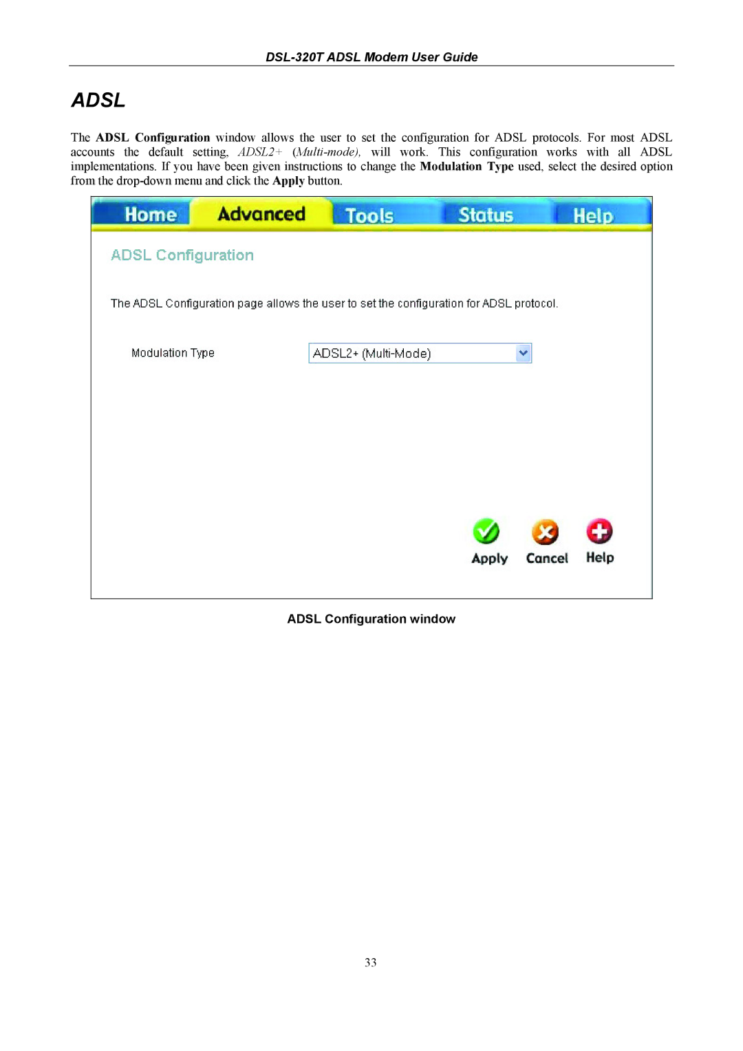 D-Link DSL-320T manual Adsl Configuration window 