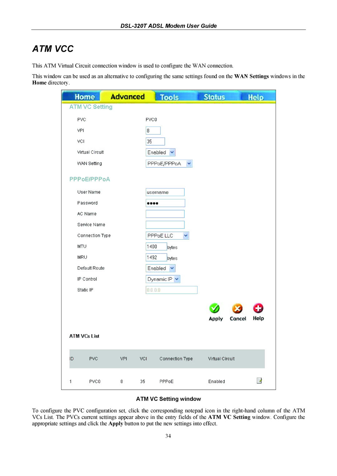 D-Link DSL-320T manual Atm Vcc, ATM VC Setting window 