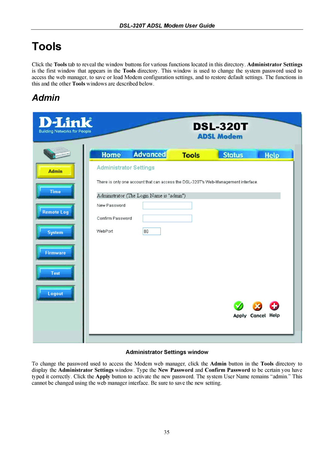 D-Link DSL-320T manual Tools, Administrator Settings window 