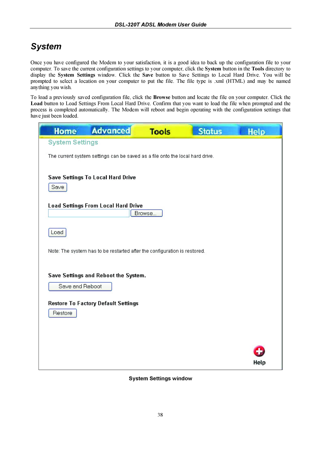 D-Link DSL-320T manual System Settings window 