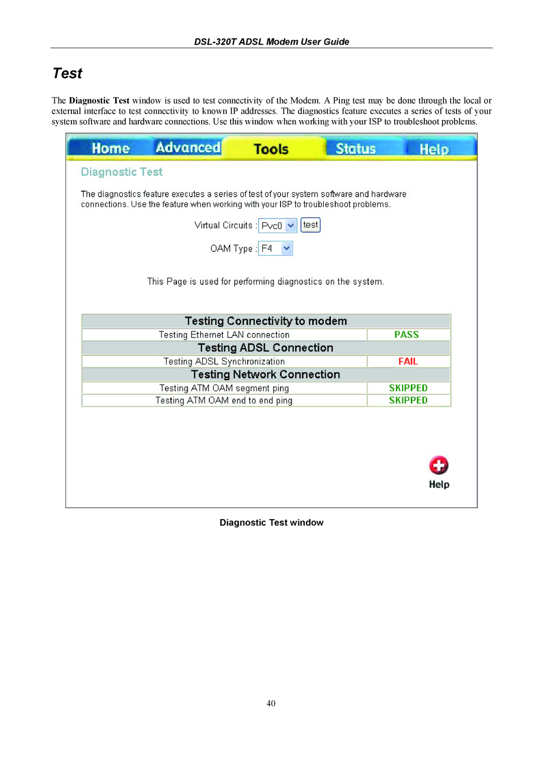 D-Link DSL-320T manual Diagnostic Test window 