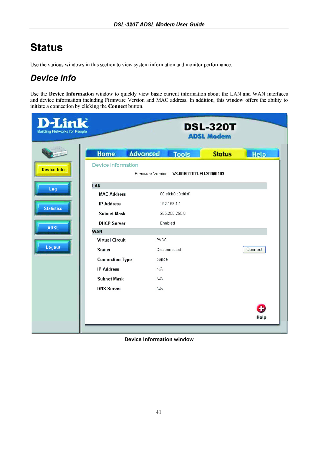 D-Link DSL-320T manual Status, Device Information window 