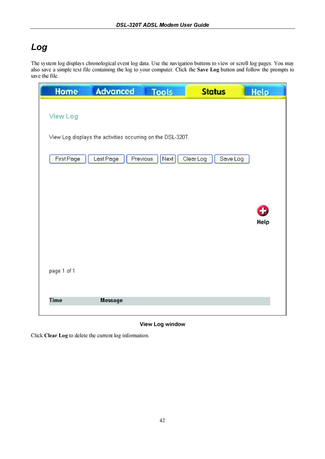 D-Link DSL-320T manual View Log window 