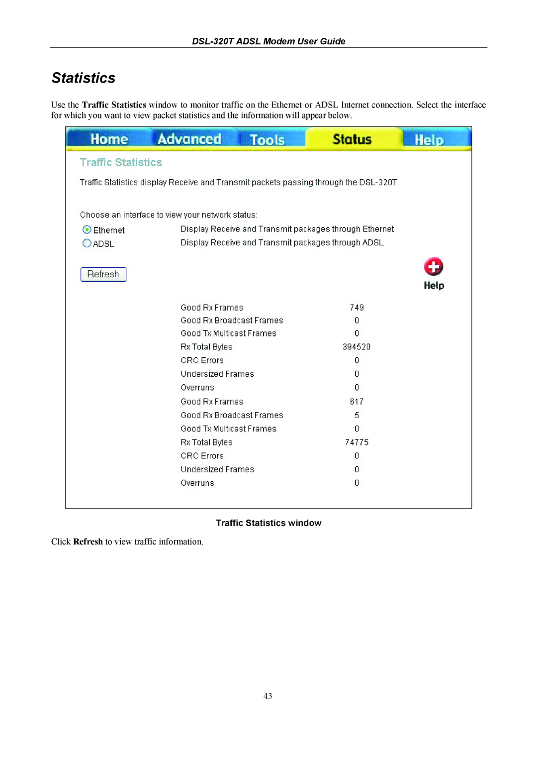 D-Link DSL-320T manual Traffic Statistics window 