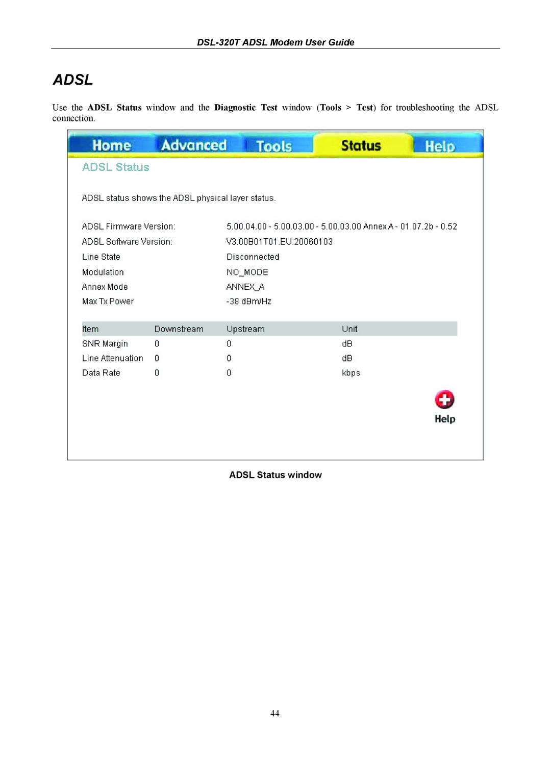 D-Link DSL-320T manual Adsl Status window 