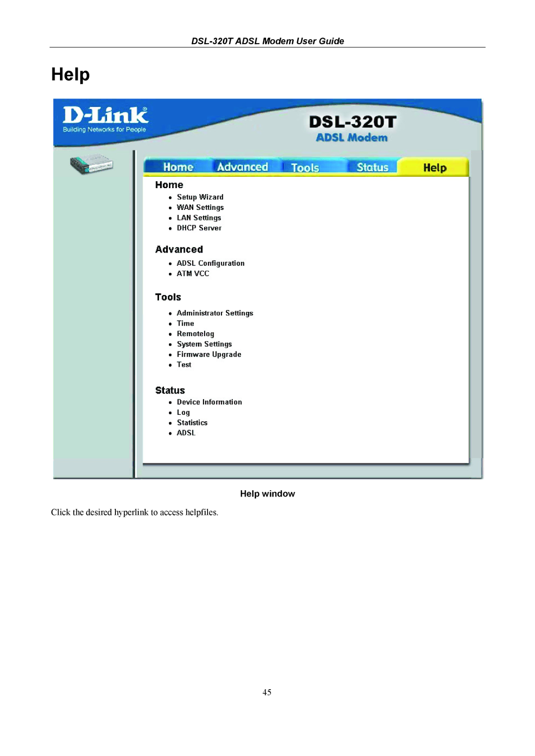 D-Link DSL-320T manual Help window 