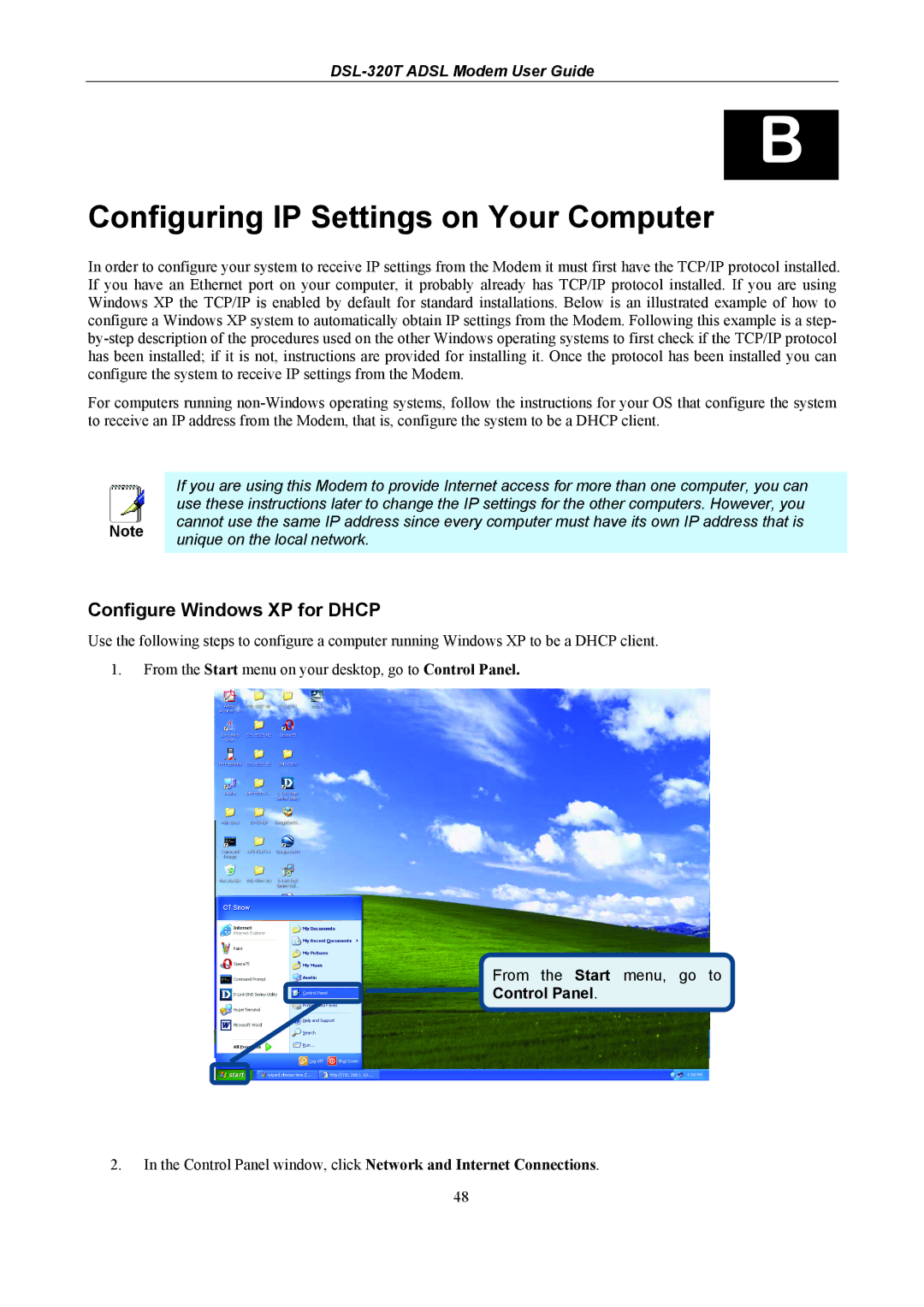 D-Link DSL-320T manual Configuring IP Settings on Your Computer, Configure Windows XP for Dhcp, Control Panel 