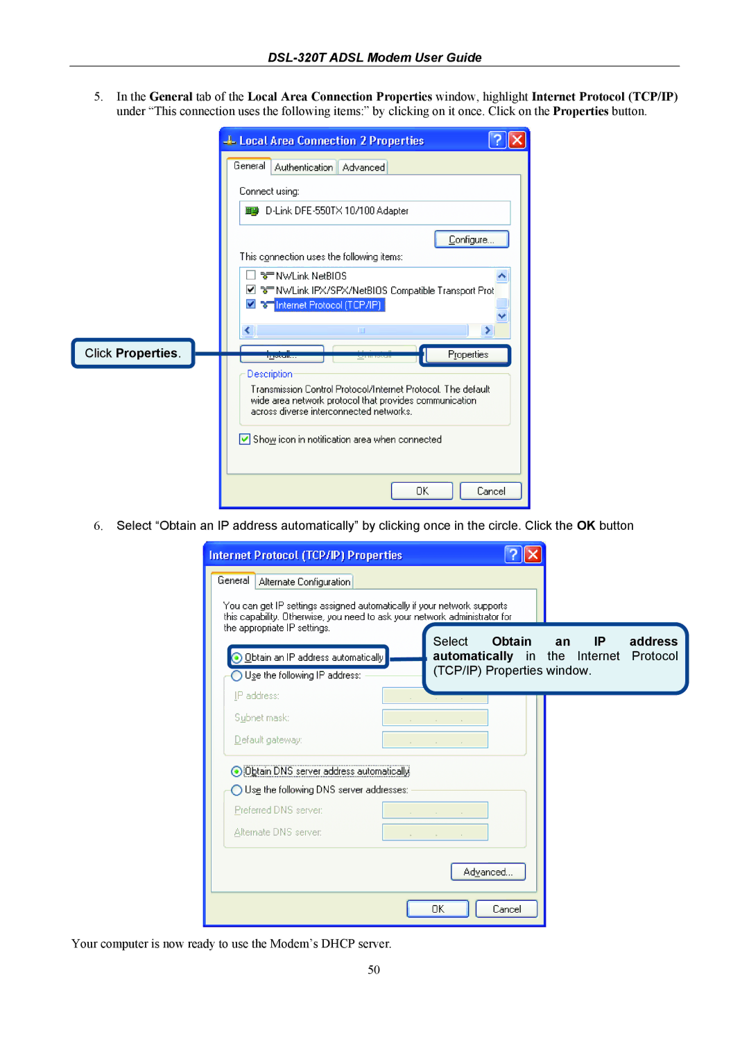 D-Link DSL-320T manual Click Properties, Select Obtain an IP address 