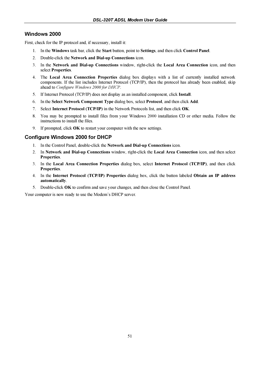 D-Link DSL-320T manual Configure Windows 2000 for Dhcp 