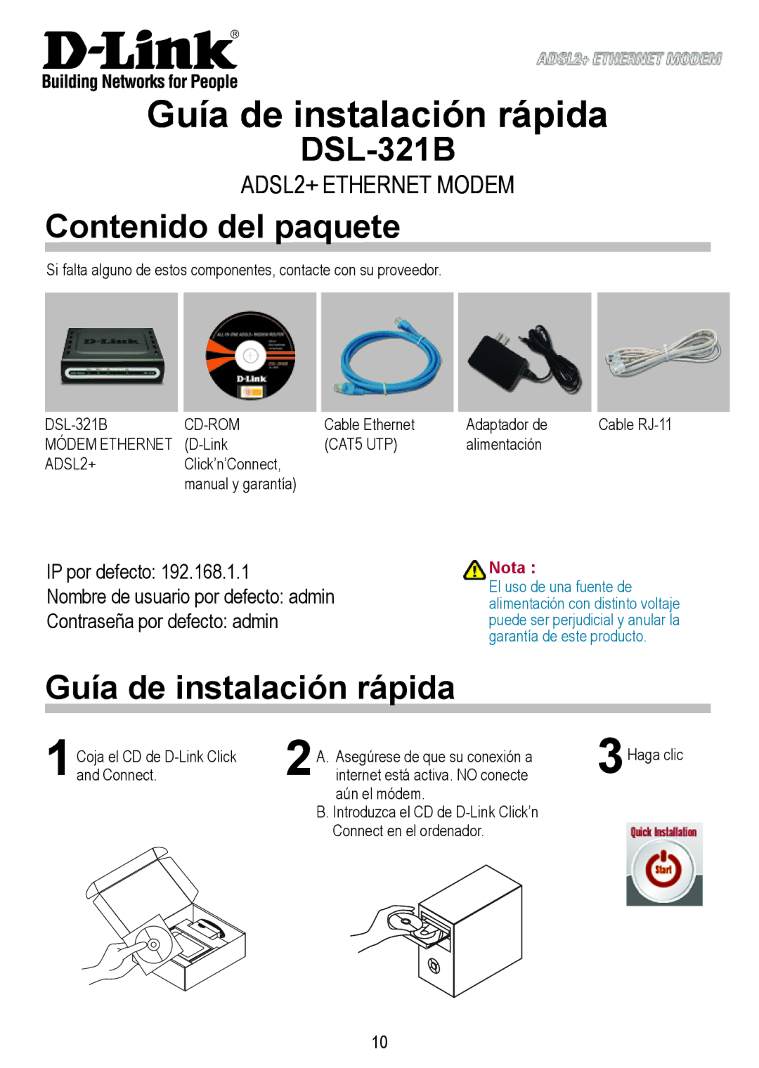 D-Link DSL-321B manual Guía de instalación rápida, Contenido del paquete, Nota 