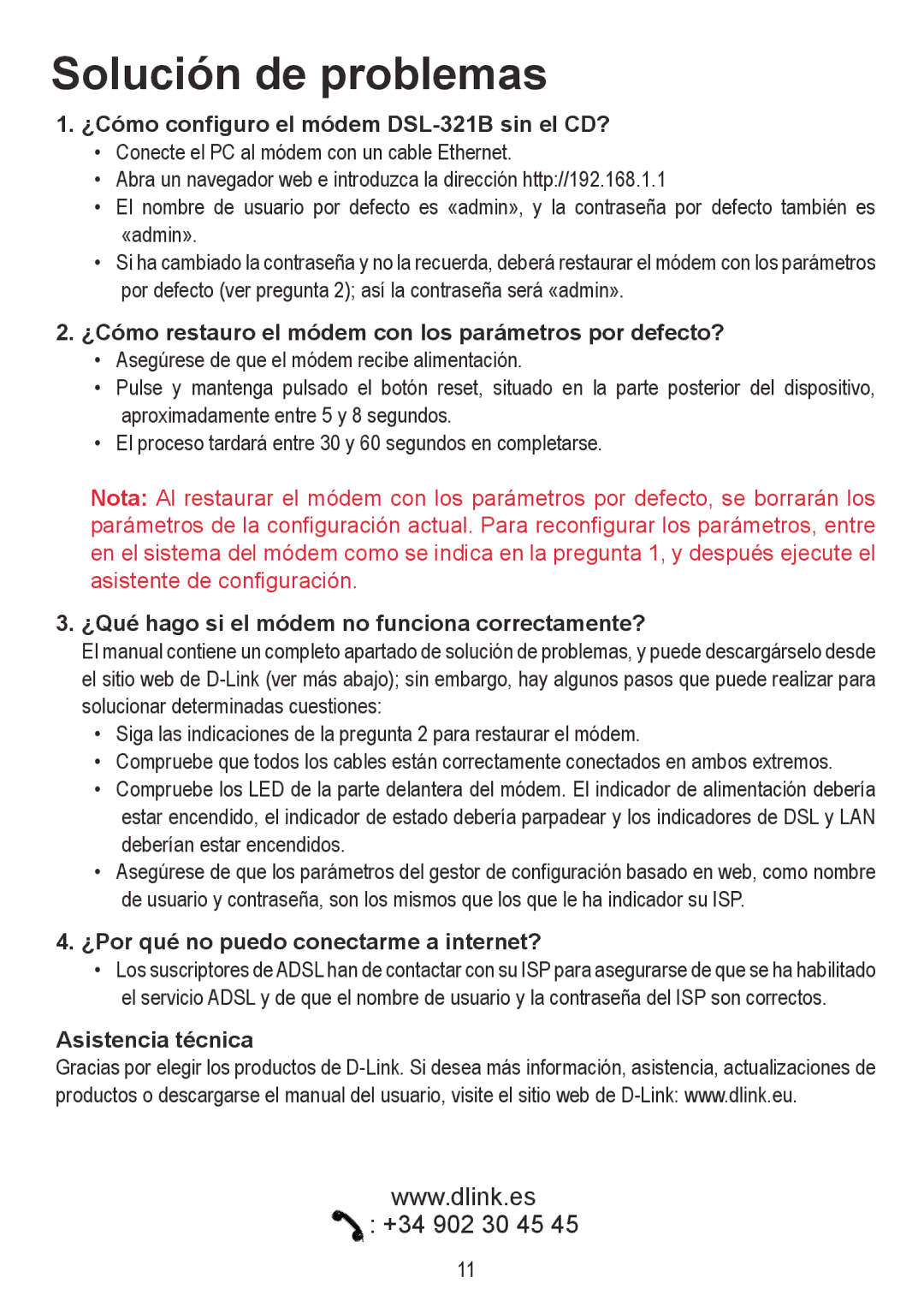 D-Link DSL-321B manual Solución de problemas 