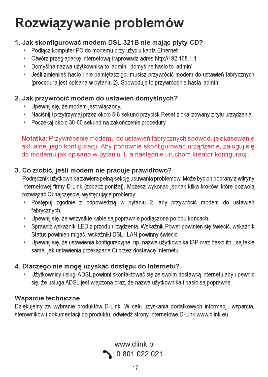 D-Link DSL-321B manual Rozwiązywanie problemów 