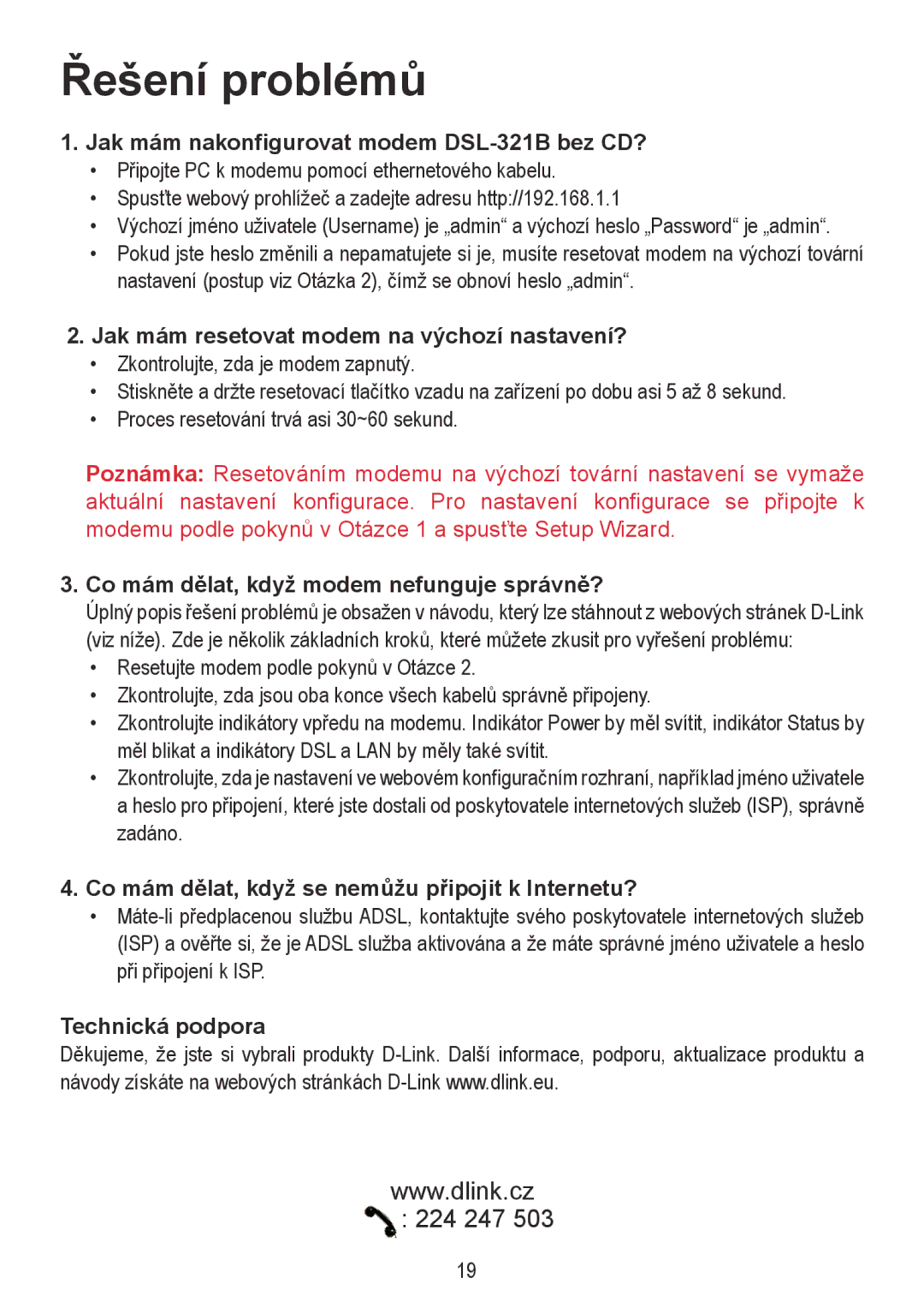 D-Link DSL-321B manual Řešení problémů 