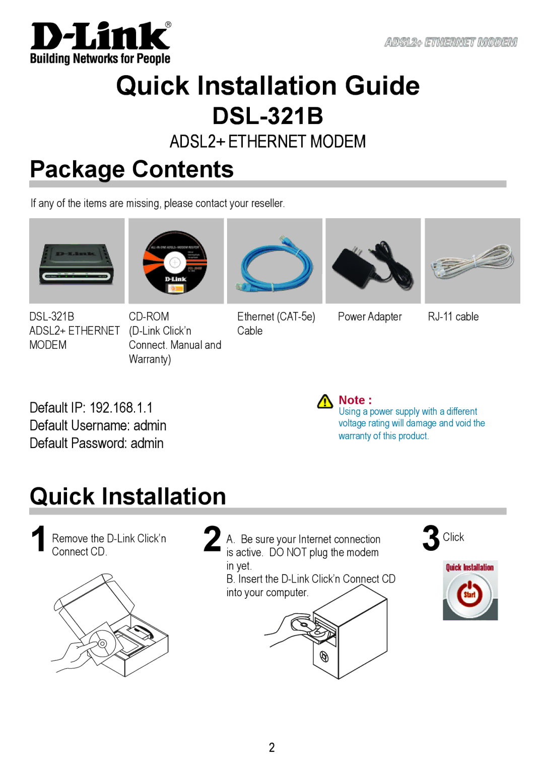 D-Link DSL-321B manual Quick Installation Guide, Package Contents 