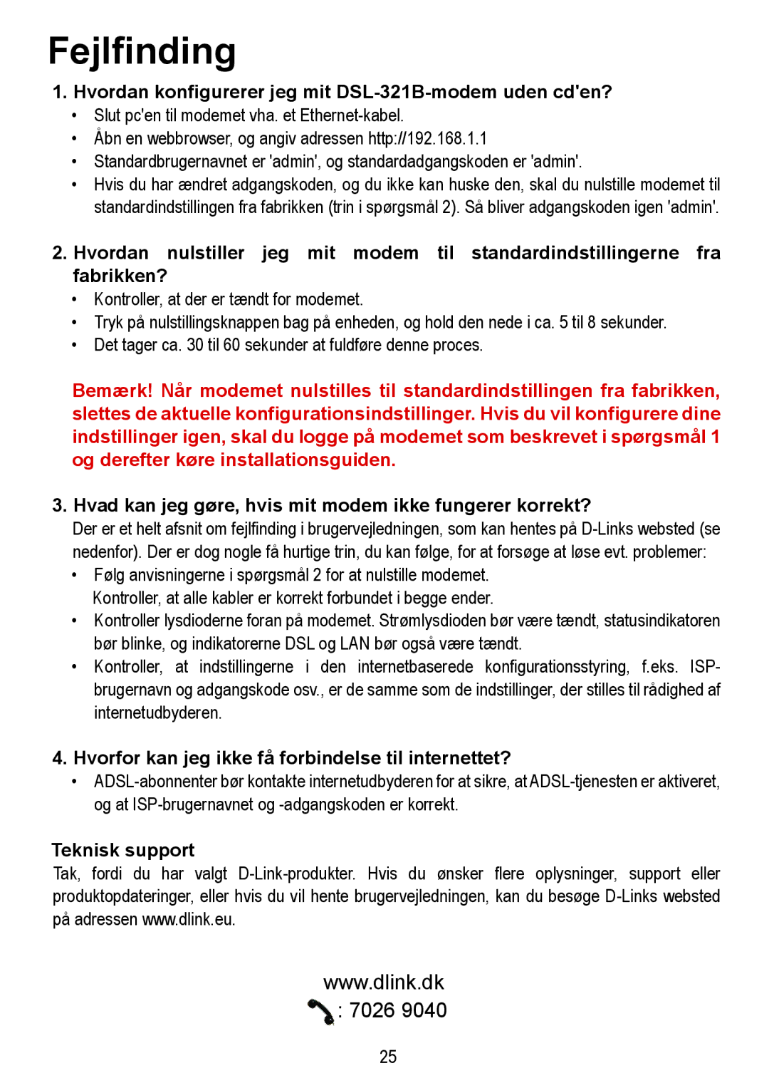 D-Link manual Fejlfinding, Hvordan konfigurerer jeg mit DSL-321B-modem uden cden?, Teknisk support 