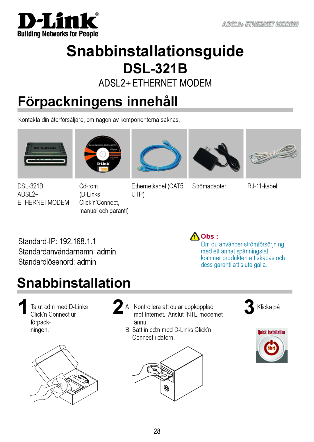 D-Link DSL-321B manual Snabbinstallationsguide, Förpackningens innehåll, Obs 