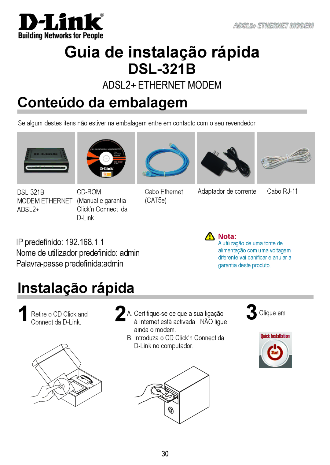 D-Link DSL-321B manual Guia de instalação rápida, Conteúdo da embalagem, Instalação rápida 