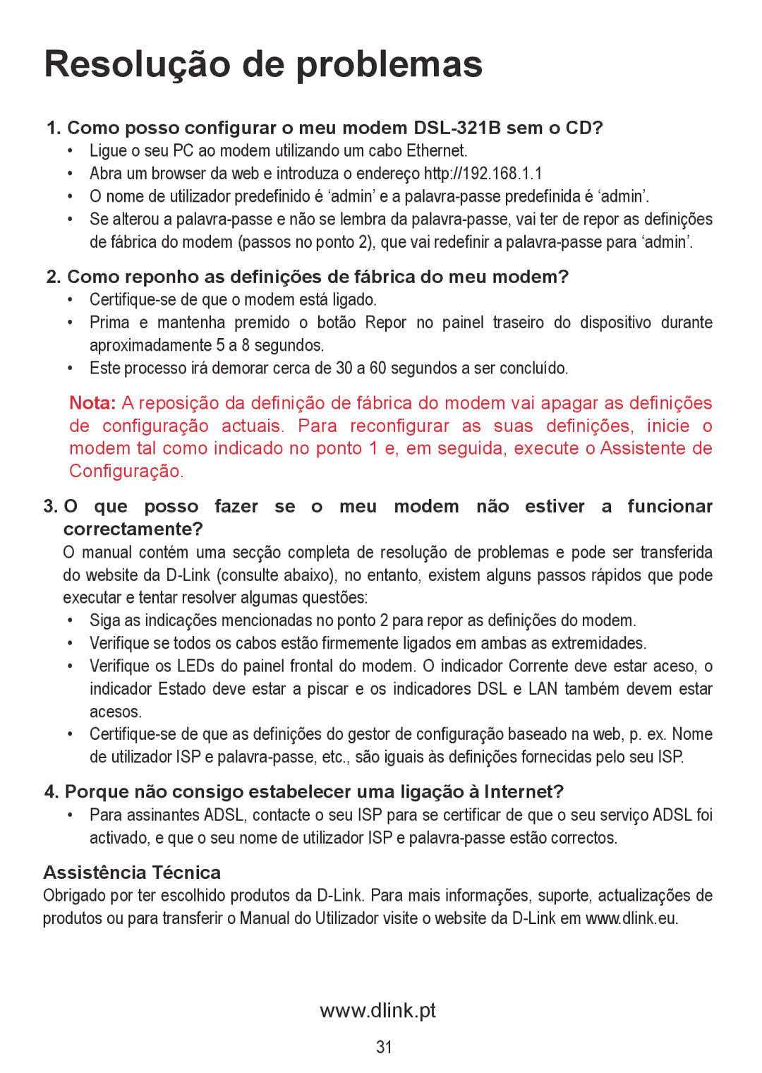 D-Link manual Resolução de problemas, Como posso configurar o meu modem DSL-321B sem o CD?, Assistência Técnica 