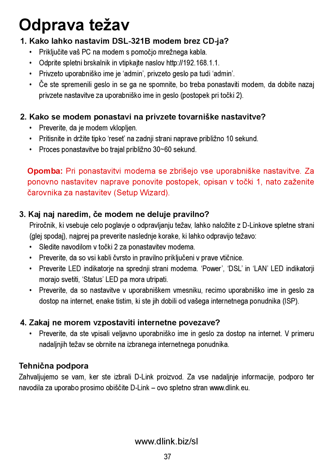 D-Link DSL-321B manual Odprava težav 